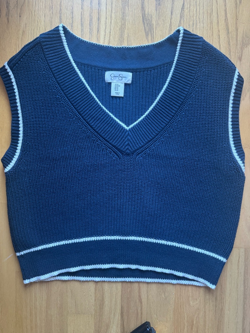 Jessica Simpson Navy Blue Knit Sweater Vest White Trim V-neck Cropped Preppy